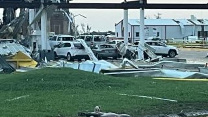 Possible tornado damage to an AP Travel Center and Shell Gas Station near Valley View, Texas on Sunday, May 26, 2024.