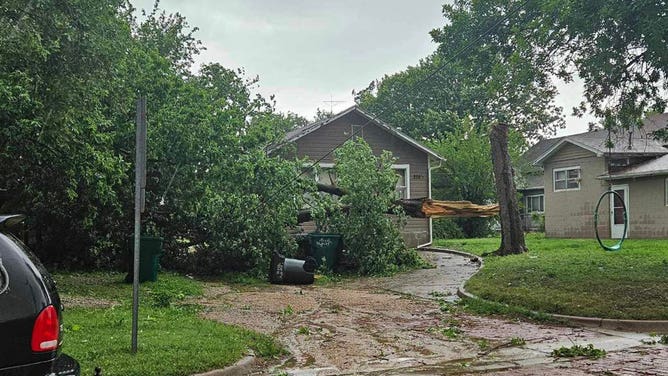Damage is seen in Russell, Kansas, after a severe storm ripped through the town May 19, 2024.