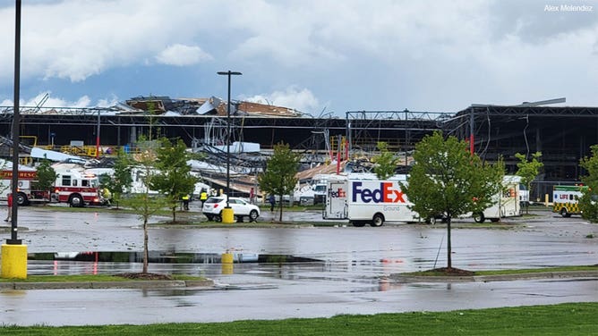 Damage to a FedEx facility in Portage, Michigan, is seen after a tornado May 7, 2024.