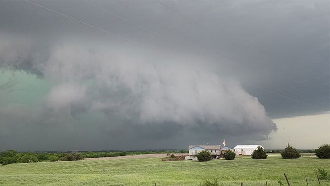The shelf cloud of a supercell is seen approaching Salina, Kansas, on May 19, 2024.