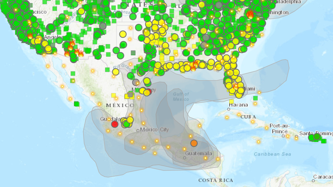 Air quality map on 5/17/2024 (Green dots = good; Yellow dots = moderate) 