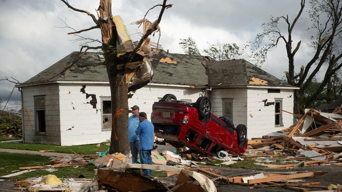 Damage left after a tornado swept through Greenfield, Iowa on May 21, 2024.