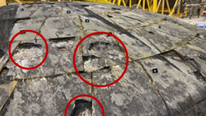 Heat shield damage to the Orion capsule