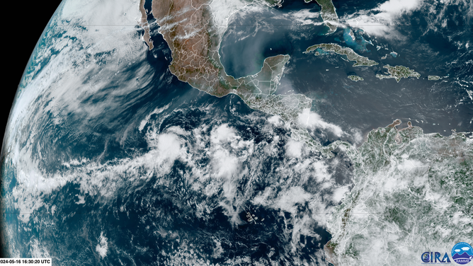This satellite image shows two systems being monitored by the National Hurricane Center in the Eastern Pacific Ocean on Thursday, May 16, 2024.