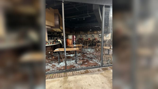 Window damage to downtown Houston business on 5/16/2024