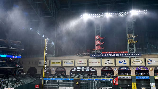 Rain and wind sweep through before the game between the Houston Astros and Oakland Athletics Minute Maid Park on May 16, 2024 in Houston, Texas.