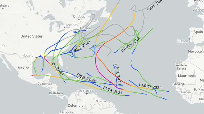Tropical tracks of cyclones in the Atlantic basin during 2021.