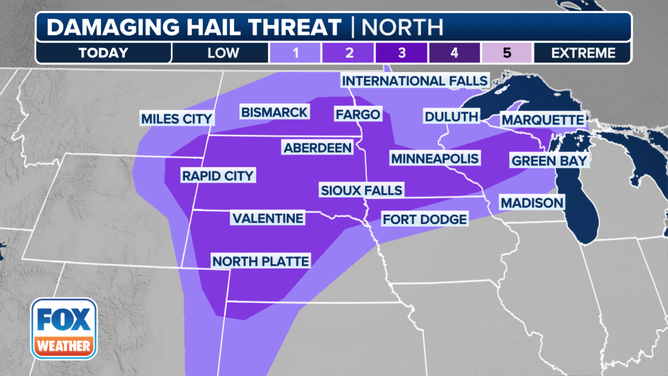 This graphic shows the large hail threat on Monday, June 17, 2024.