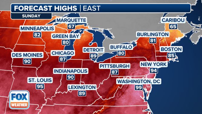 This graphic shows the forecast high temperatures on Sunday, June 23, 2024.