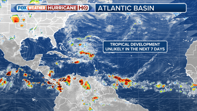 This graphic shows the tropical development potential in the Atlantic Ocean.
