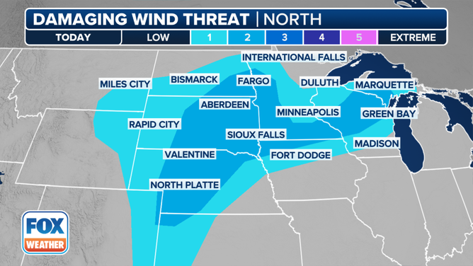 This graphic shows the damaging wind threat on Monday, June 17, 2024.