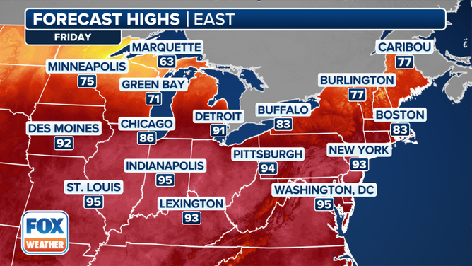 The forecast high temperatures on Friday, June 21, 2024.