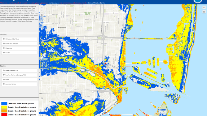 This graphic shows the potential storm surge from a Category 4 hurricane in the Miami area.