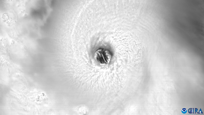 A stunning view of Hurricane Beryl’s clear, powerful eye as seen by NOAA's GOES-East satellite on June 30, 2024.