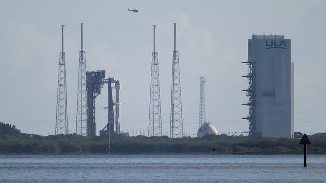 A United Launch Alliance Atlas V rocket with Boeing’s CST-100 Starliner spacecraft aboard is seen on the launch pad at Space Launch Complex 41 after the arrival of NASA astronauts Butch Wilmore and Suni Williams ahead of the launch of NASA’s Boeing Crew Flight Test, Wednesday, June 5, 2024 at Cape Canaveral Space Force Station in Florida.