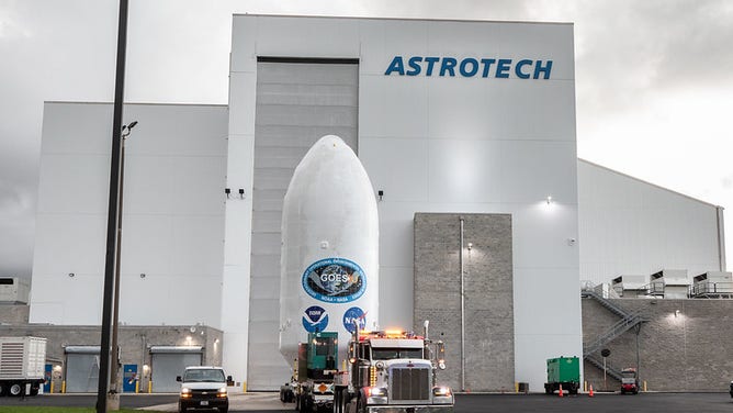 Crews transport NOAA’s (National Oceanic and Atmospheric Administration) Geostationary Operational Environmental Satellite (GOES-U) from the Astrotech Space Operations facility to the SpaceX hangar at Launch Complex 39A at NASA’s Kennedy Space Center in Florida beginning on Friday, June 14, 2024.