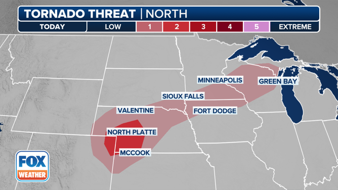 This graphic shows the tornado threat on Monday, June 17, 2024.