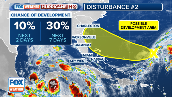 The outlook for a tropical disturbance in the southwestern Atlantic.