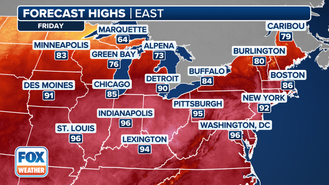 This graphic shows the forecast high temperatures on Friday, June 21, 2024.