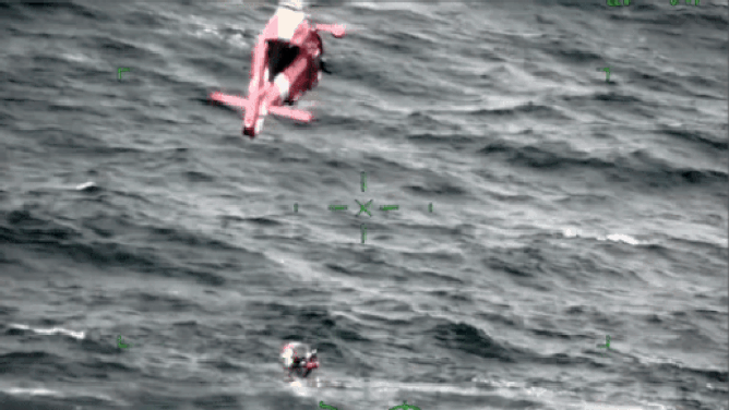 This image shows the Coast Guard rescuing a missing diver about 75 miles off the coast of Myrtle Beach in South Carolina on Friday, May 31, 2024.