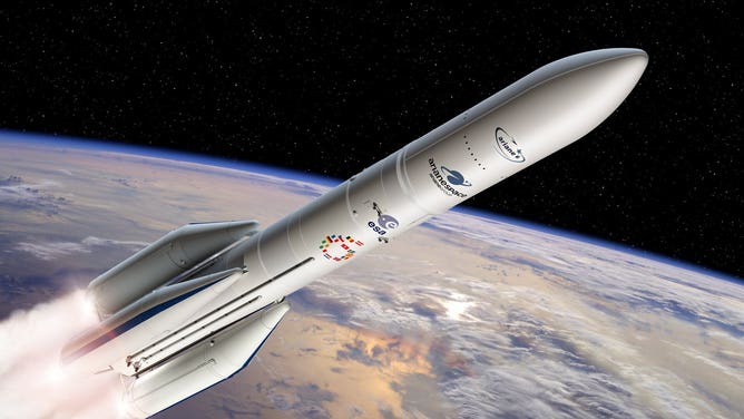 An artist rendering of Ariane 6 in flight with the four-booster configuration.