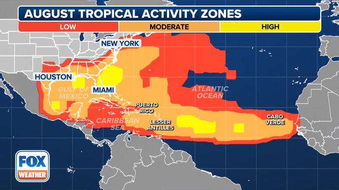 This map shows where tropical cyclone activity tends to occur in August.