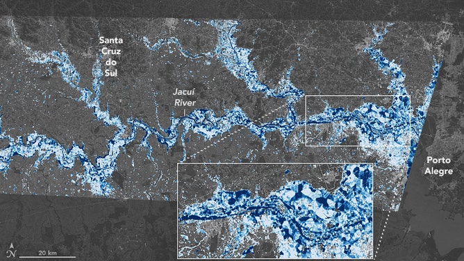 This NASA Earth Observatory map reveals the depth of floodwater that covered Rio Grande do Sul in May 2024.