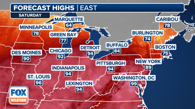 The forecast high temperatures on Saturday, June 22, 2024.