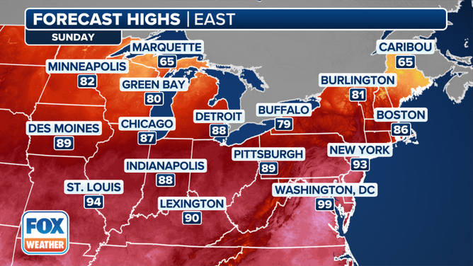 The forecast high temperatures on Sunday, June 23, 2024.