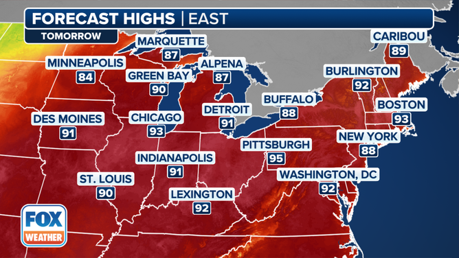 This graphic shows the forecast high temperatures on Tuesday, June 18, 2024.