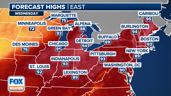 This graphic shows the forecast high temperatures on Wednesday, June 19, 2024.