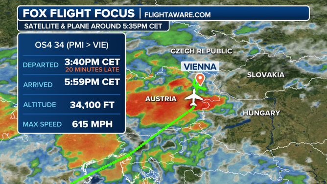 Flightaware.com data shows the Austrian Airlines flight 34 was approaching Vienna around 5:59 p.m. on June 9, 2024.