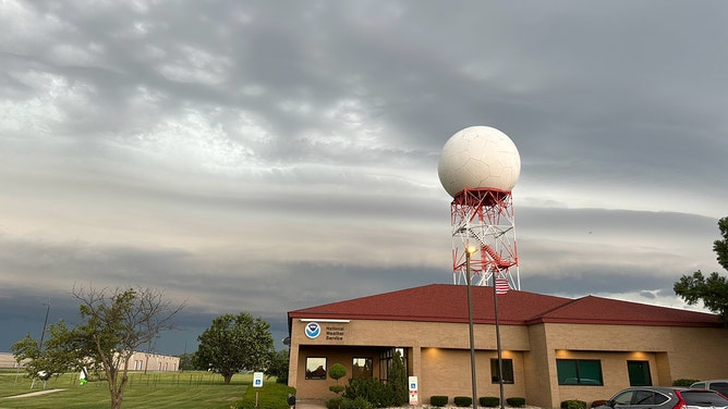 A shelf cloud rolls across the National Weather Service's office in Romeoville, Illinois on Tuesday morning.