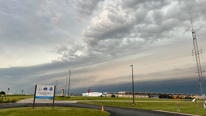 A shelf cloud rolls across the National Weather Service's office in Romeoville, Illinois on Tuesday morning.