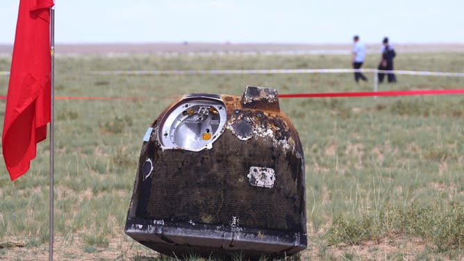 The landing module of the Chang'e-6 moon probe is seen after it landed in Inner Mongolia, in northern China on June 25, 2024.