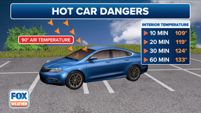 This graphic illustrates how quickly the inside of a car can heat up with the windows closed on a 90-degree day.