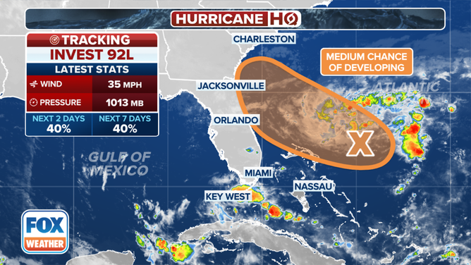 The outlook for Invest 92L in the southwestern Atlantic.