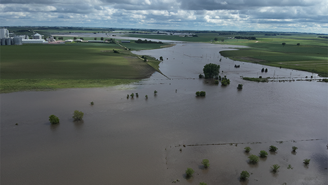 The Floyd River in Sheldon, Iowa, is seen overflowing its banks.