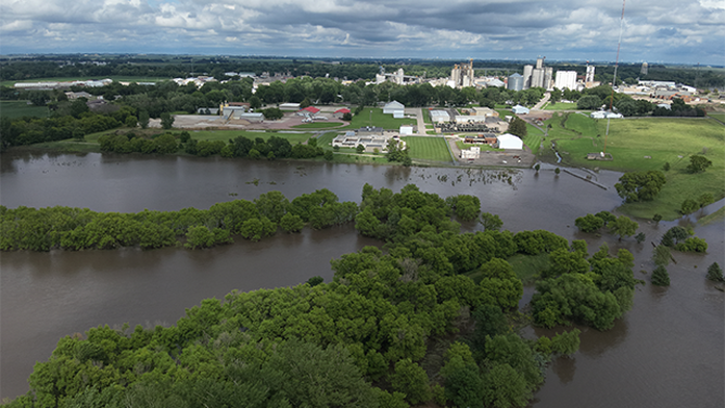 Flooding is seen in Sheldon, Iowa.