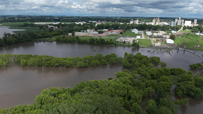 This photo shows the Floyd River in Sheldon, Iowa, flooding.