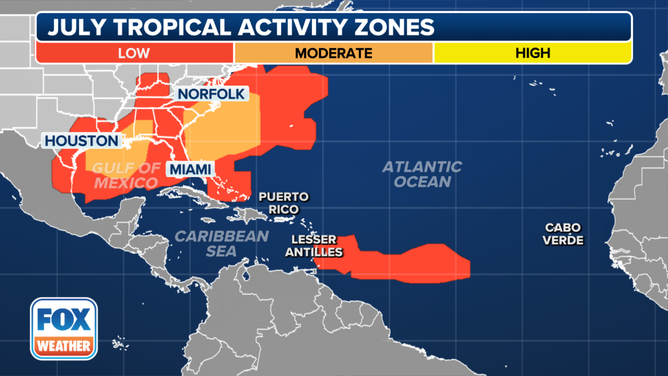 This map shows where tropical cyclone activity tends to occur in July.