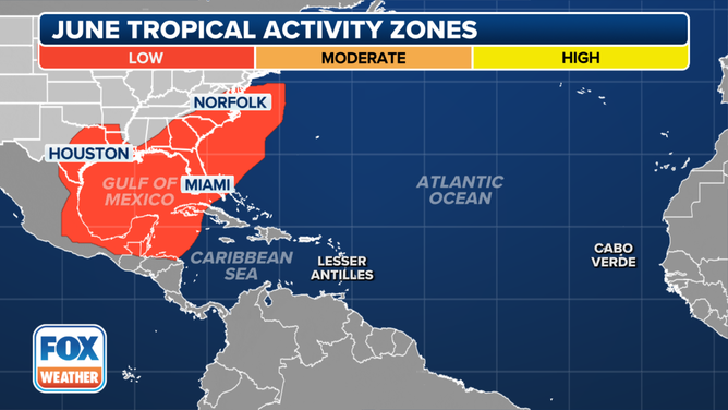 This map shows where tropical cyclone activity tends to occur in June.