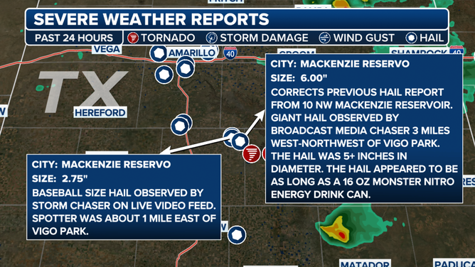 This graphic shows the giant hail report in Texas on Sunday, May 2, 2024.