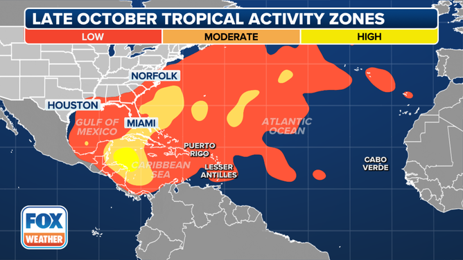 This map shows where tropical cyclone activity tends to occur in late October.