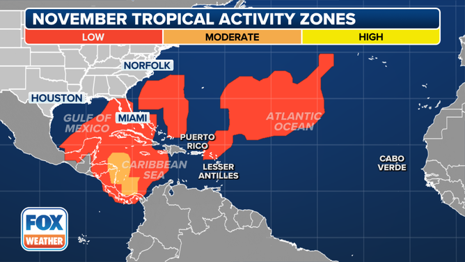 This map shows where tropical cyclone activity tends to occur in November.