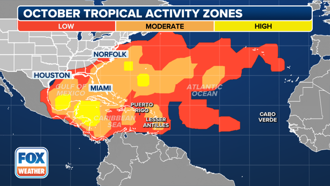 This map shows where tropical cyclone activity tends to occur in October.