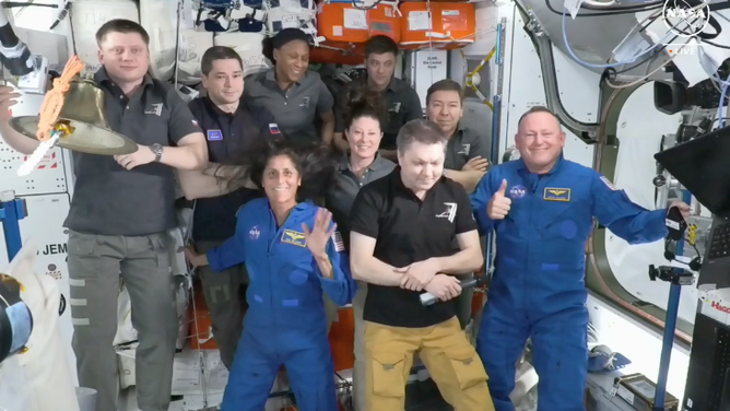 A NASA and Russian crew welcome NASA astronauts Butch Wilmore and Suni Williams to the International Space Station after arriving in Boeing Starliner on June 6, 2024.