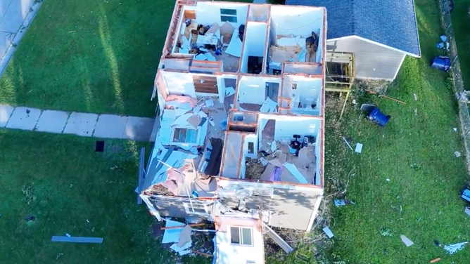 Apartment homes with apparent storm damage after a tornado-warned storm moved through Janesville, Wisconsin on Saturday, June, 22, 2024. 