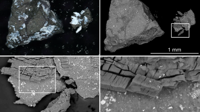 A tiny fraction of the asteroid Bennu sample returned by NASA’s OSIRIS-REx mission, shown in microscope images. The top-left pane shows a dark Bennu particle, about a millimeter long, with an outer crust of bright phosphate. The other three panels show progressively zoomed-in views of a fragment of the particle that split off along a bright vein containing phosphate, captured by a scanning electron microscope.