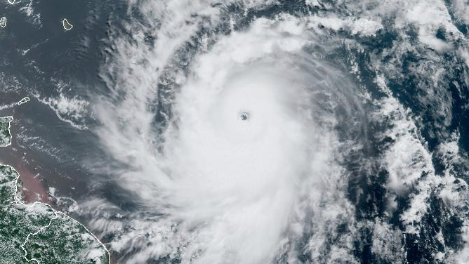 Satellite shows Hurricane Beryl charging west on Sunday, June 30, 2024.